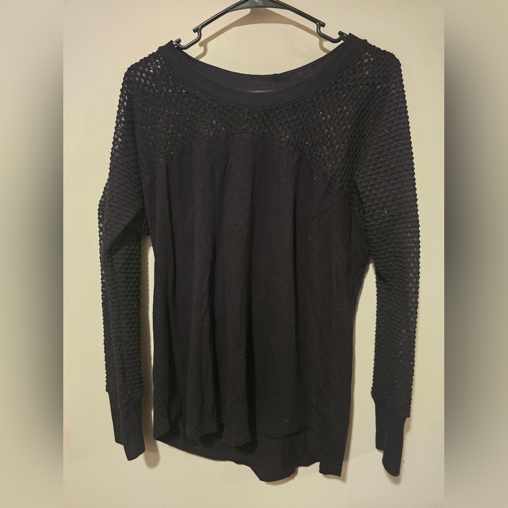 Black Long Sleeve Knit Top With Double Mesh Sleeves